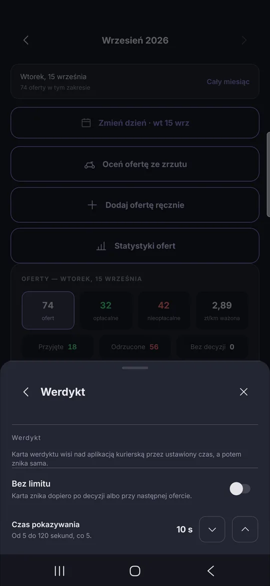 Ustawienie czasu karty werdyktu